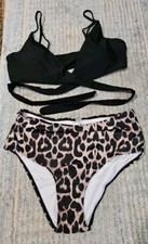 New M Black High-Rise Leopard Print 2 Pc Bikini Bathing Swimsuit Wrap Around Top