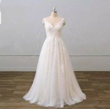 Vestido de novia de playa de tul brillante Reino Unido sin mangas piso línea A blanco marfil talla 10