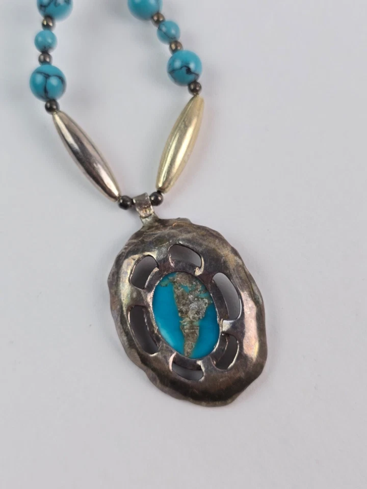 Multi-stone colorful Beaded Necklace sterling turquoise pendant 27" length - Image 3 of 4