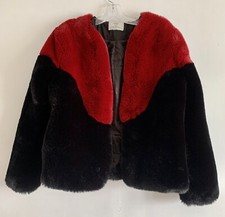 Lucy Wang Black & Red Long Sleeves Faux Fur Winter Coat Outerwear Overcoat Med