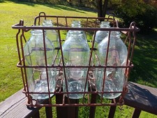 Vintage Wire Metal Milk Crate With Six 64oz STANPAC Glass Bottles
