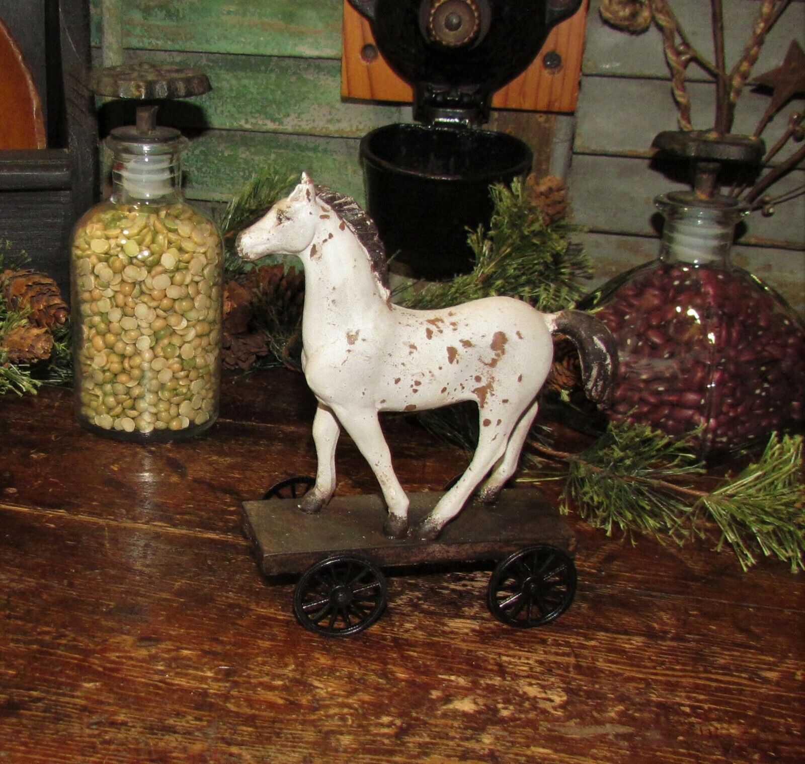 Primitive Antique Vtg Style Country Farm Stallion Horse Pony WHEELS Shelf Sitter