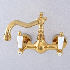 Wall Mount Gold Brass Swivel Bathroom Sink Faucet Basin Tap Dual Handle wsf607