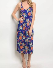 Blue Floral Dress Women  s Sleeveless Midi Dress Size Small