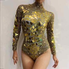 Women Shining Rhinestone Mirrors Bodysuit Singer Dancer Show Performance Costume