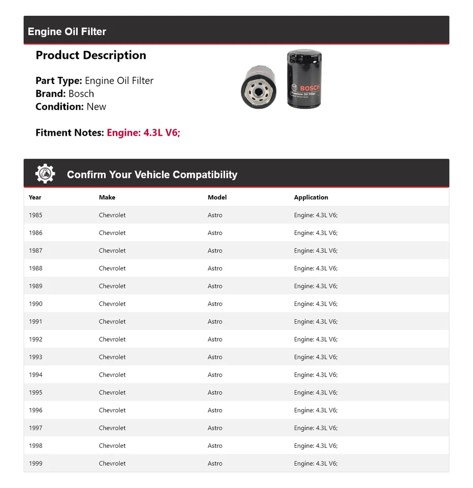 Filtro de aceite Bosch Premium 1986 1987 1988 para Chevrolet Astro 1985-1999 4,3 L V6 Foto 2 de 3