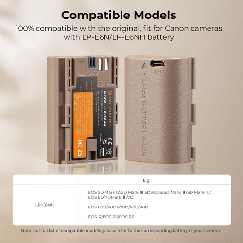 K&F Concept LP-E6NH Batteries & Charger Set 2 x 2250mAh for Canon EOS R8 Camera - Picture 37 of 52
