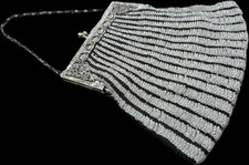 Antique Black  Silver Glass Beaded Purse W/Ornate Filigree Handle Victorian Era