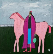 Painting Original Woman Horse Portrait Canvas Outsider Whimsical 10x10 Art 