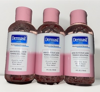 Dermasil 3 Pack AHA Glycolic Acid Toning Solution 4 fl oz Witch Hazel Rose Water