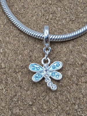 Authentic Blue White Cz Dragonfly Silver European Dangle Spacer Charm Bead