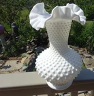 Vintage Large Fenton 11" White Milk Glass Hobnail Ruffled Vase Excellent