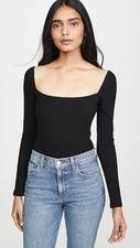 Reformation Jeans Gaia Ribbed Bodysuit Black Square Neck Long Sleeve Size S