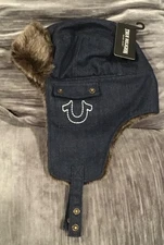 True Religion Trapper Hat Faux Fur Blue Denim Chin Strap O/S MENS, NEW