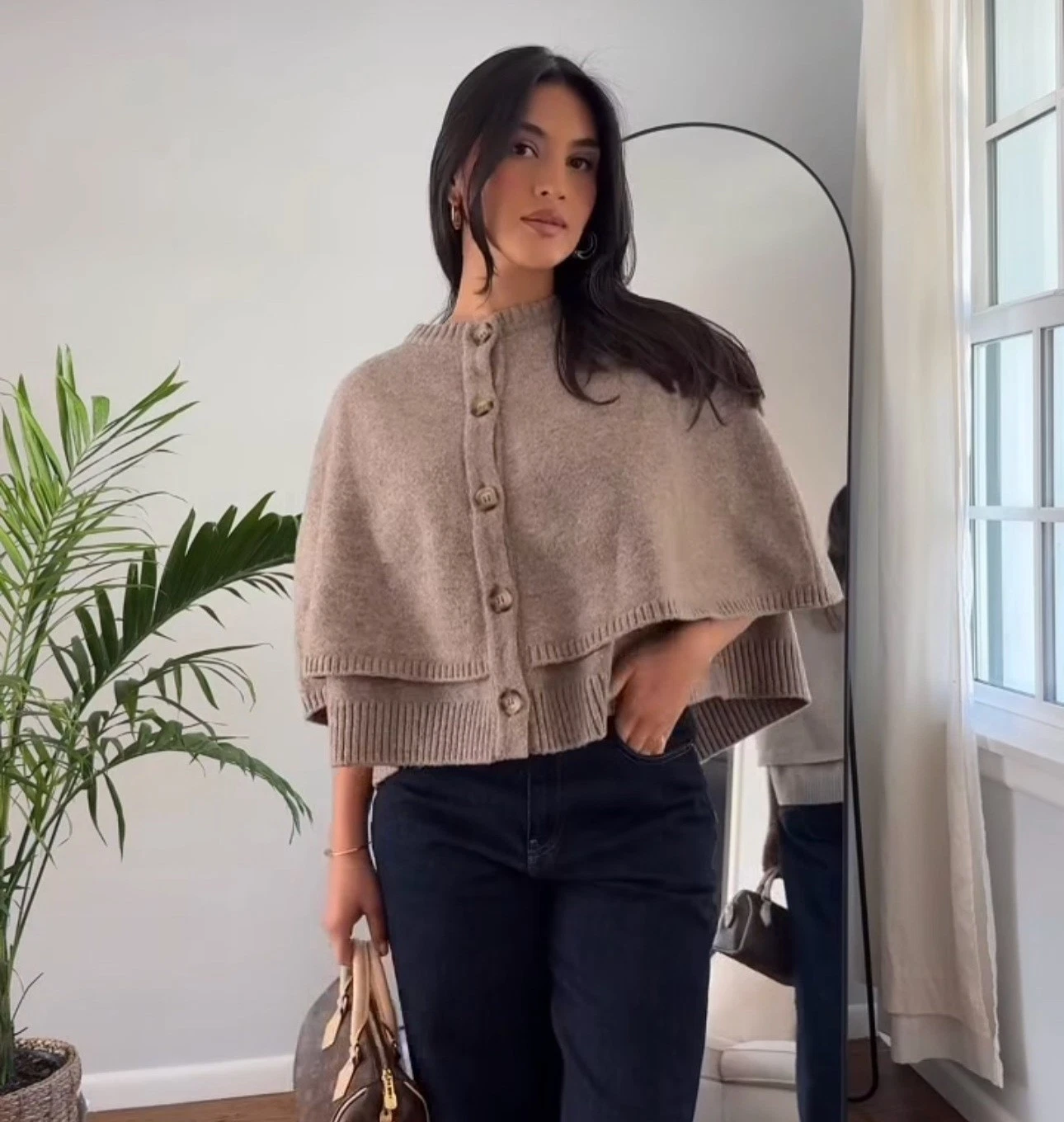 ZARA MINK WOOL BLEND KNIT CAPE JACKET BUTTON UP ROUND NECK PONCHO CARDIGAN