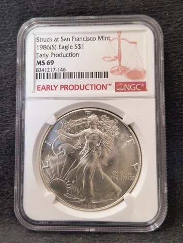 🦅1986(S) SILVER EAGLE SAN FRANCISCO MINT NGC MS69 EARLY PRODUCTION RARE
