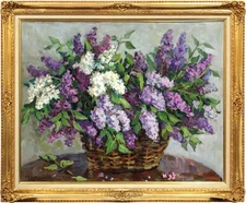 Natalia Navashina Krandievskaya “Lilacs in a Basket” Soviet Oil Painting Signed
