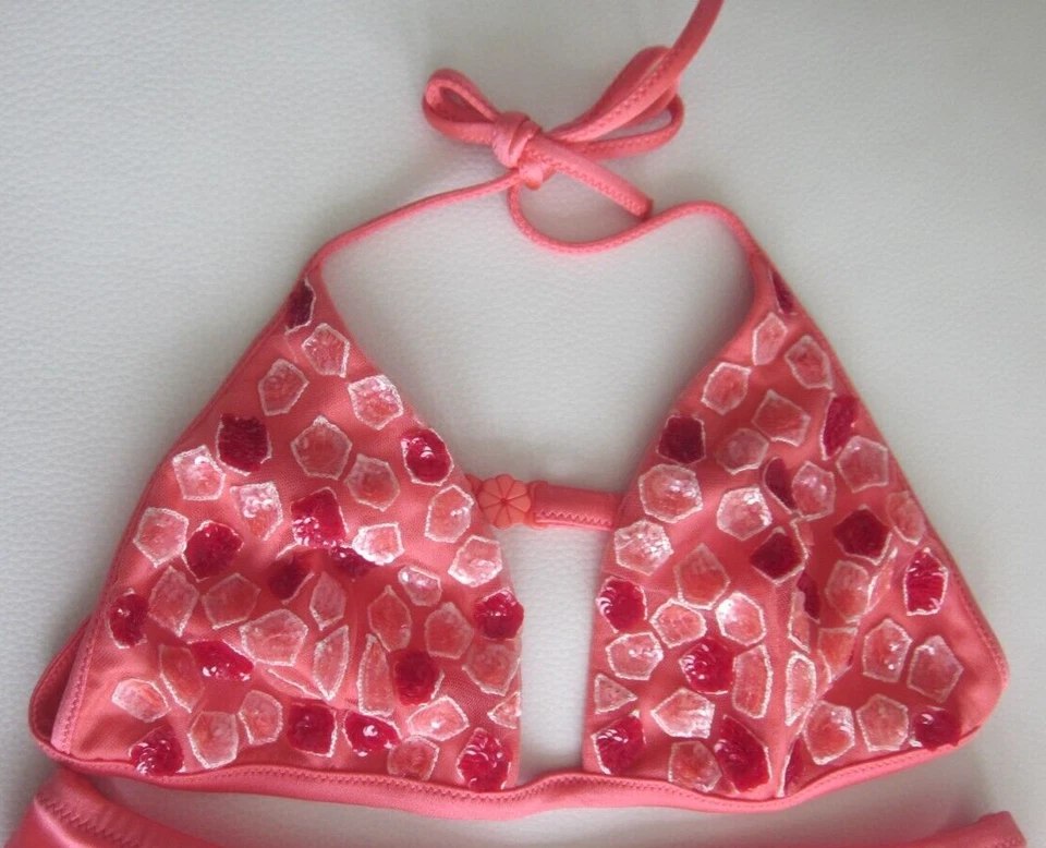 La Perla Triangle Coral Pink Bikini Mosaic Stone Sequins Lycra Size 44 NWT $485 - Image 2 of 4