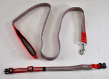 Higo highly reflective gray /red dog collar and leash adjustable padded handle