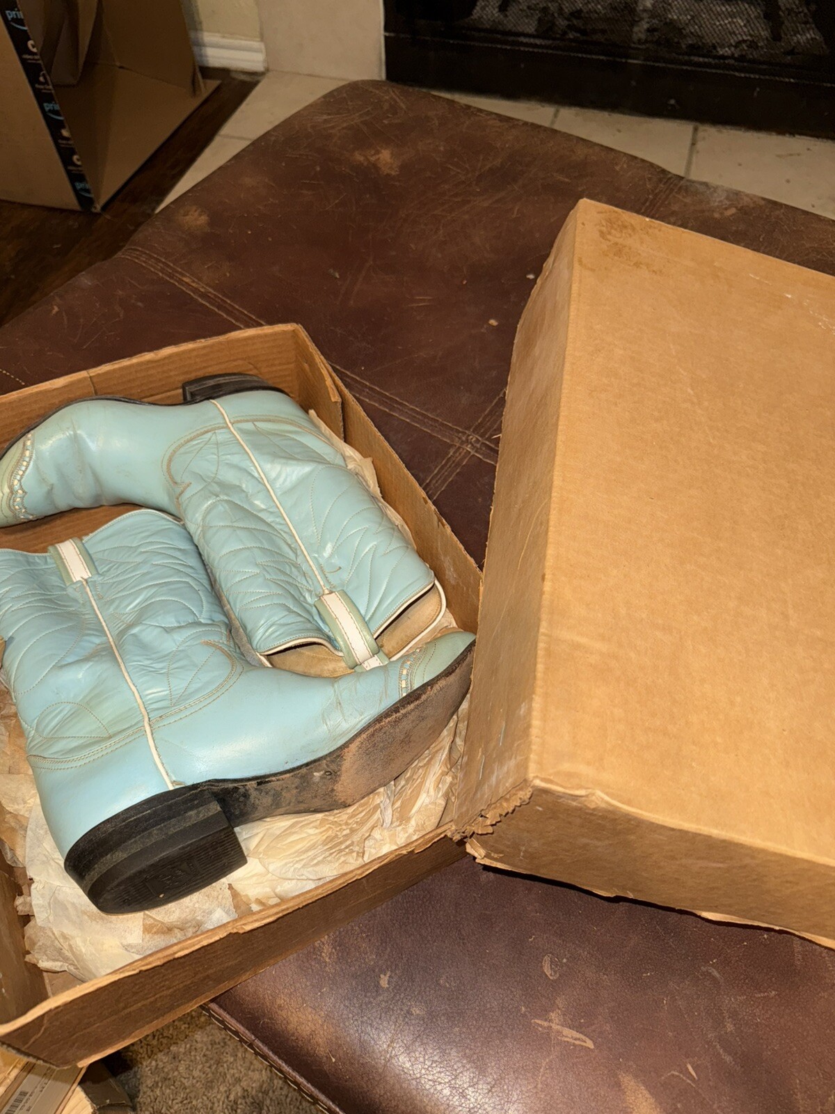 TONY LAMA MADE IN USA WESTERN VINTAGE GOLD LABEL BLUE LEATHER COWBOY BOOTS