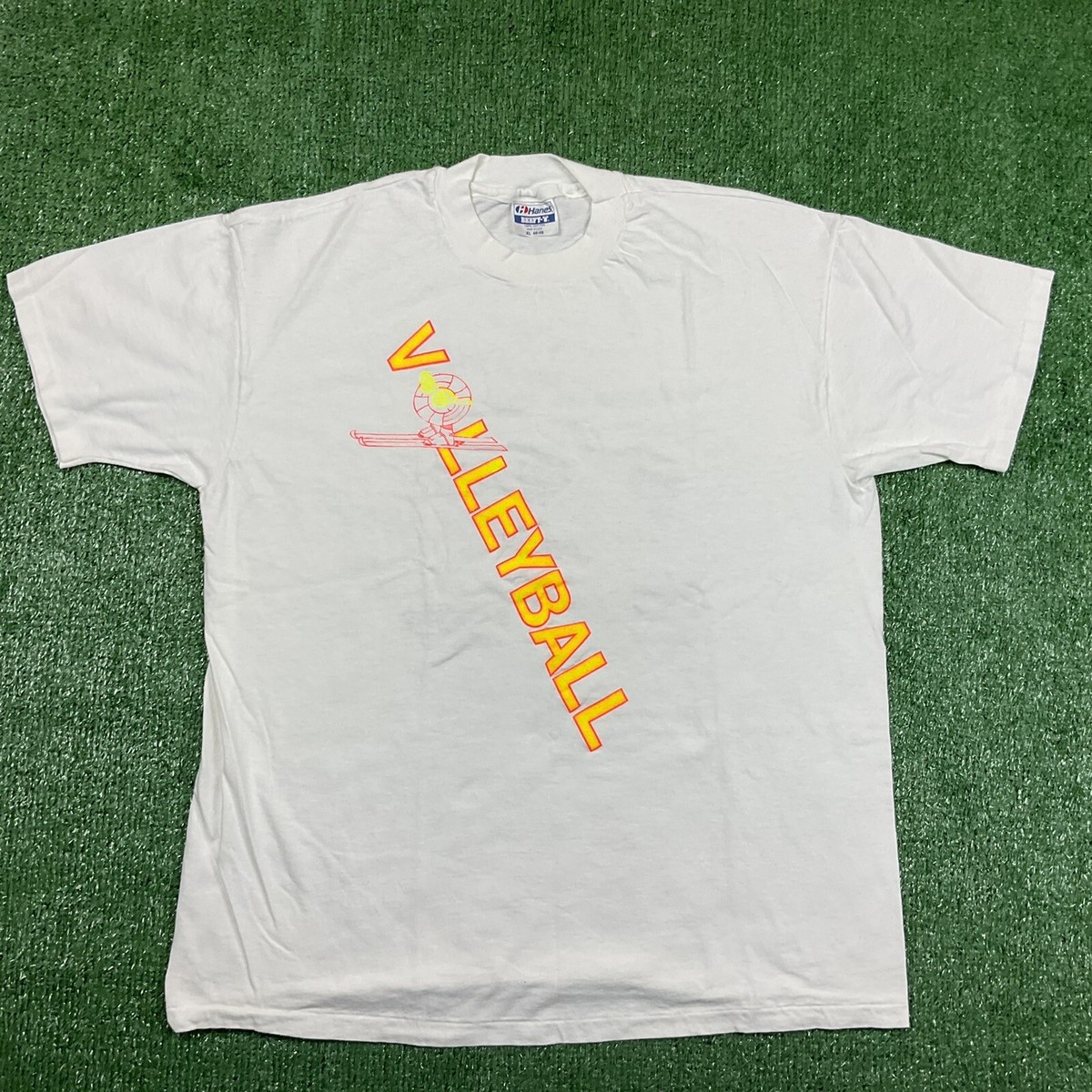 Hanes Vintage Volleyball T-Shirt Size Xl White Neon USA
