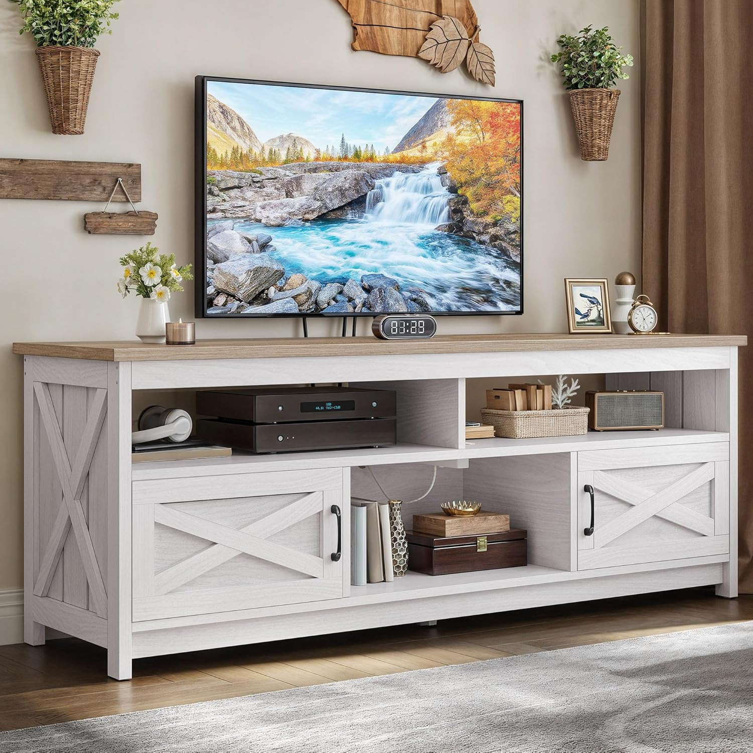 For 65/55 Inch Tv With Power Outlets - Grey Wash Console