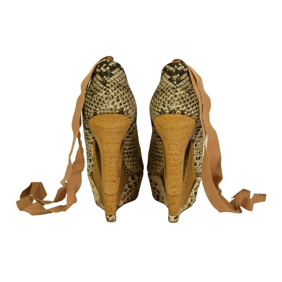Lanvin Sake Pattern Canvas High Cork Heel Wedges Platform Peep Pumps Shoes 40 - Image 3 of 4