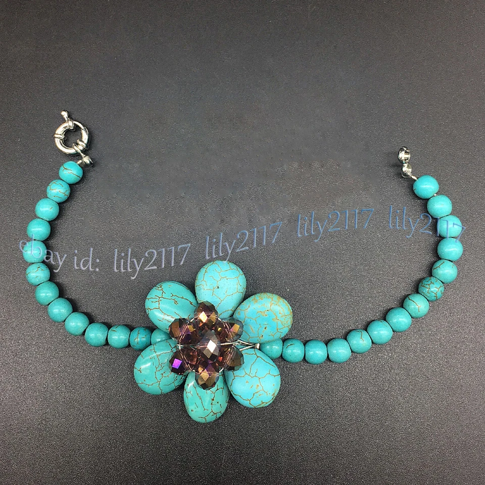 Brazalete flor cristal facetado cuentas piedras preciosas lágrima turquesa natural 7,5"" Foto 3 de 4