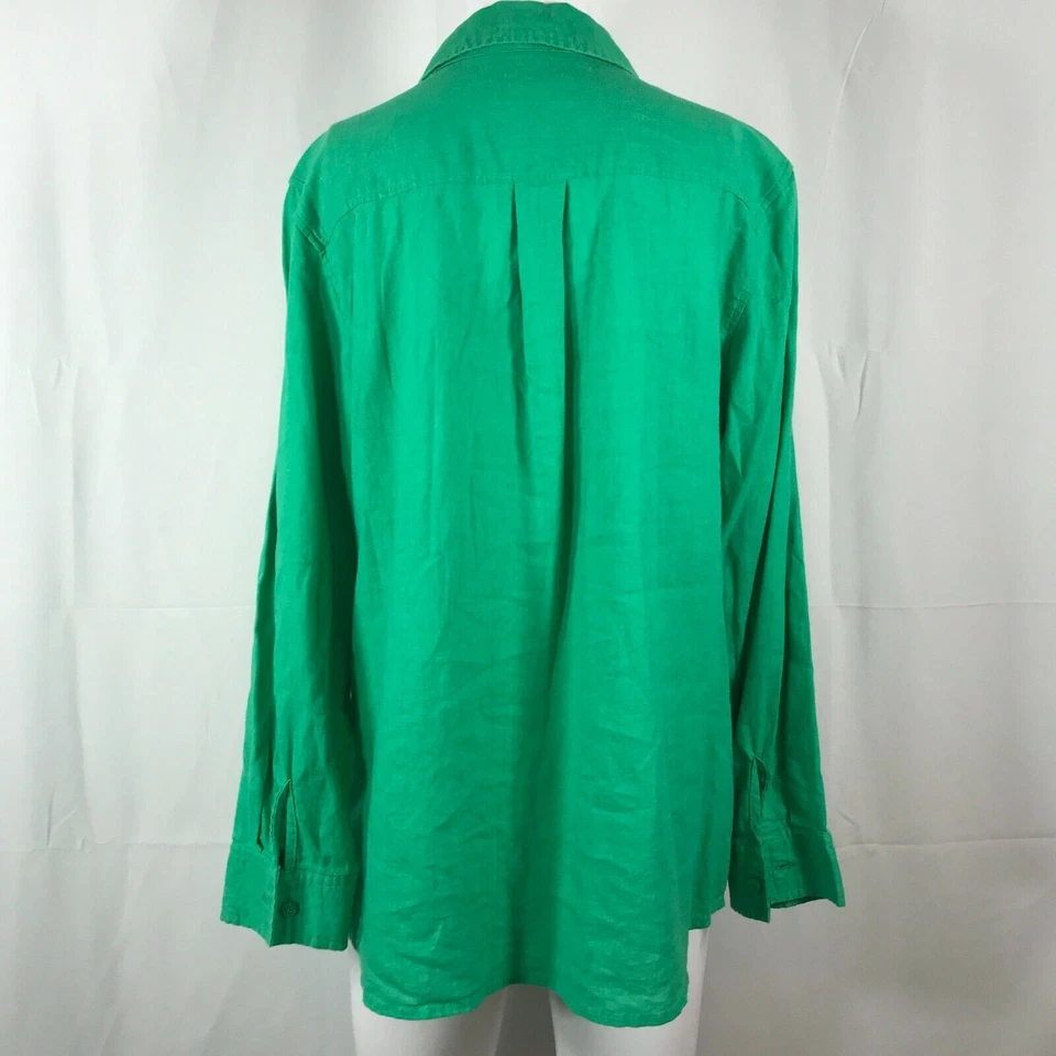 Denim & Co Shirt Womens Sz MP Petite Green Linen Blend Button Up Cuffed Sleeves - Imagem 4 de 4
