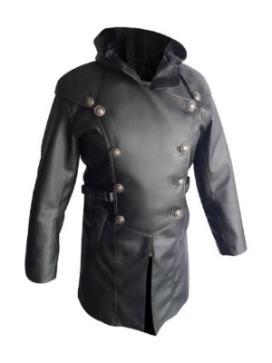 Herren Echt Schwarz Leder Steampunk Gothic Trenchcoat Kapuze