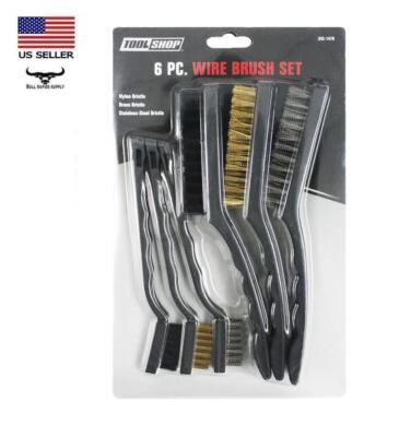 6 piece Detail Wire Brush Set Nylon Brass Stainless Bristle 7'' Small 9'' Large