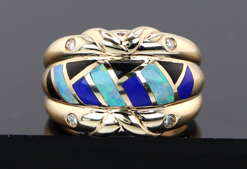 4.550 $ Asch Grossbardt 14K Gelbgold Opal Lapis Diamant Ring Band 6,75