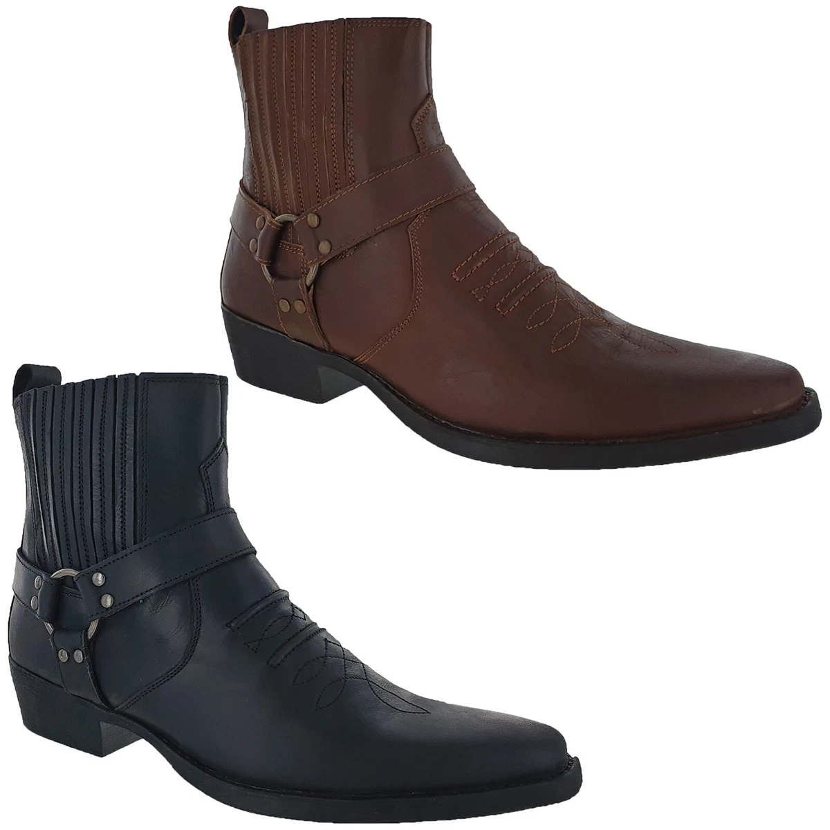 Uomo Cowboy Stivali Stretti Caviglia Pelle Western Bardatura Tacco