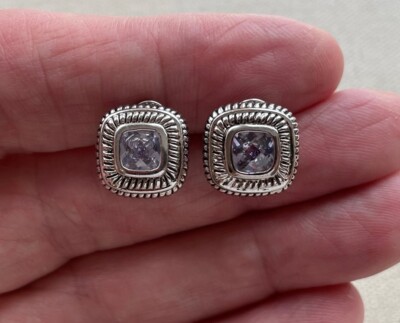 Cable Cluster Earrings Silver Tone Purple Crystal Designer Copy Albion Lever .5''