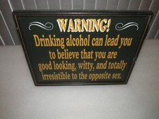 Beer SIGN Bar Man cave "Warning" Plaque Vintage wooden Funny 14" x 11"