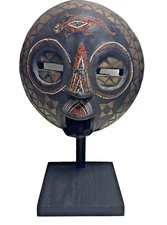 Vintage African Hand Made Carved Round Wood Beaded Tribal Mask W/Stand