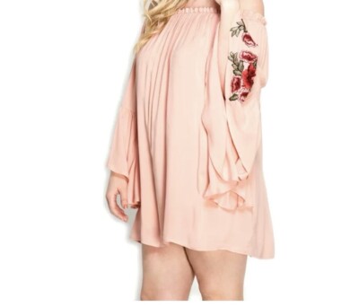She+Sky, Rose Pink Three Quarter Bell Sleeve Off Shoulder Embroidered Dress|SZ:M
