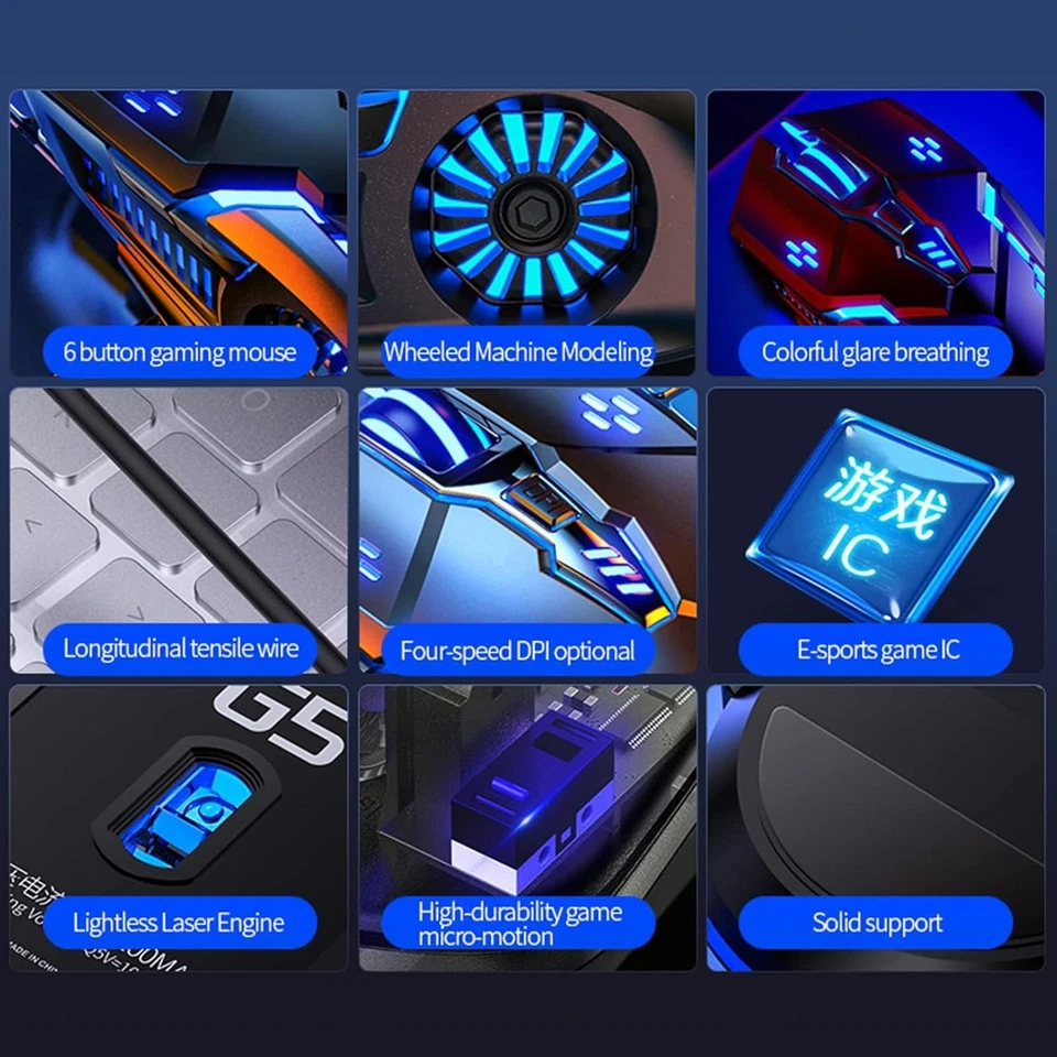 Wired Gaming Mouse with 6 Buttons, 3200 DPI, 7-Color LED Light - Grey - Image 2 of 4