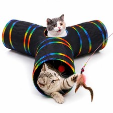 Cat Tunnels Tube Toy Plush Ball Wand Feather Toys Collapsible 3 Way Rainbow