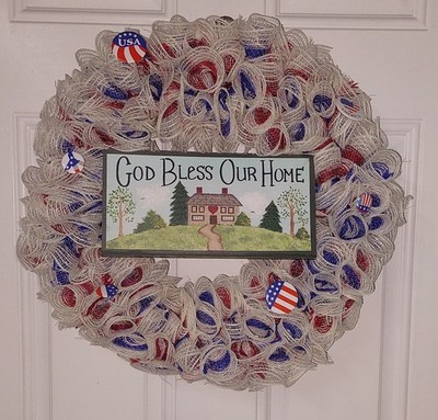 Decorative 4th Of July Wreath Patriotic Pins & God Bless Our Home Sign Handmade