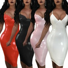 Hot Women Sexy Wet Look Party Clubwear Dress Latex Leather Zipper Bodycon Mini