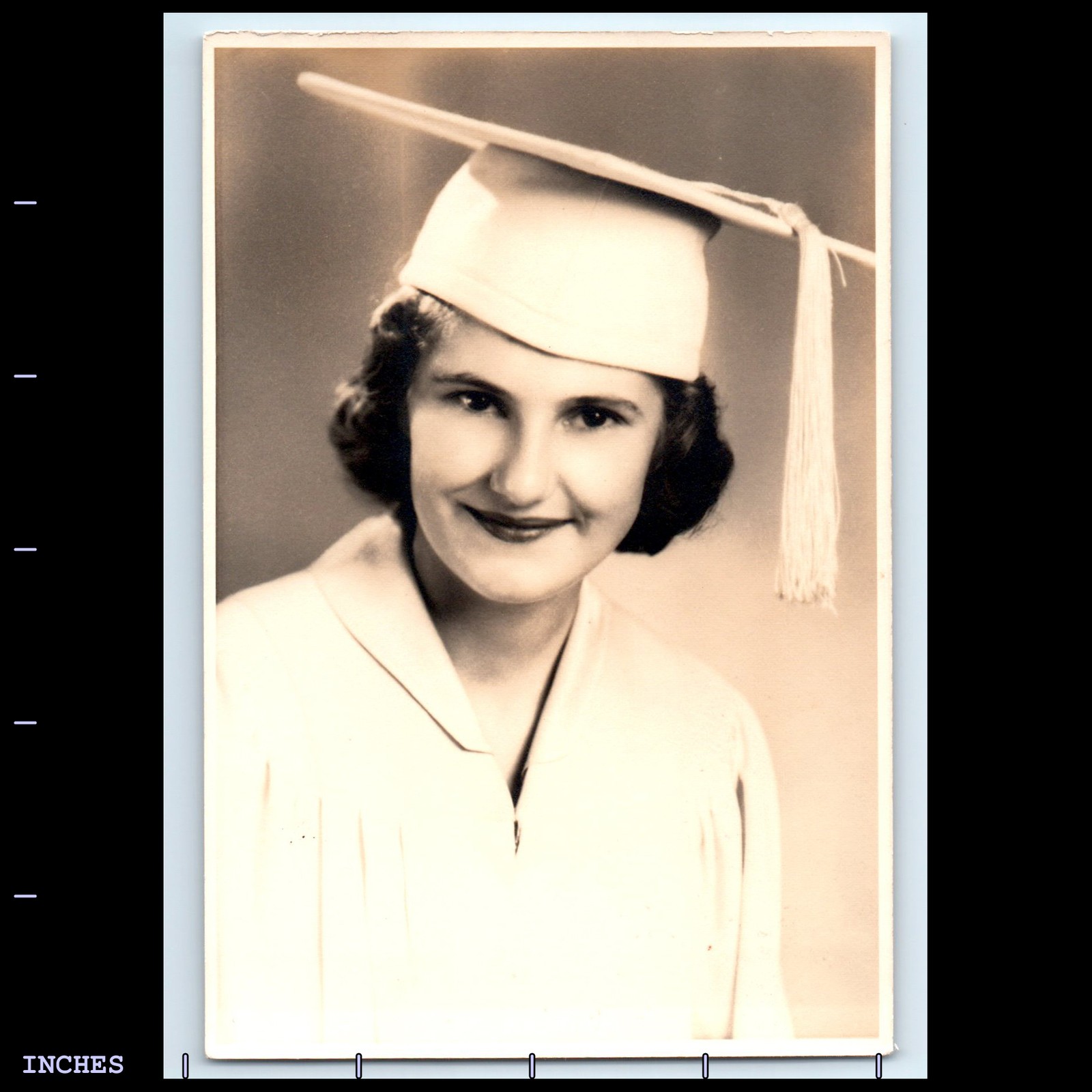 Vintage Graduation Portrait of Woman in Cap and Gown Solo Formal Photo