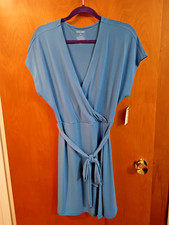 NINE WEST Dolman Sleeve Cornflower Blue Stretchy Pullover Faux Wrap Dress XL NEW