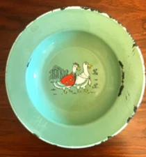 Antique GW & Co 1900's  German Childs Plate Green Enamel on Metal Mr & Mrs Goose