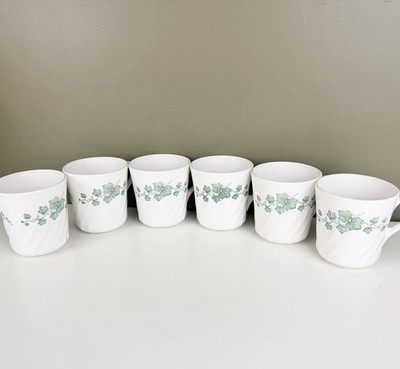 Set of 6 Corning Corelle Callaway Ivy Swirl Coffee Tea Mugs Cups white Green Ivy