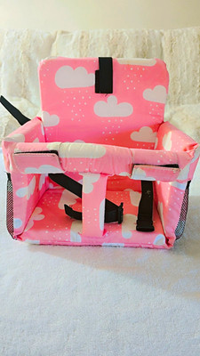Pink Cloud Print Foldable Baby Booster Seat w/ Harness & Mesh Storage Pockets