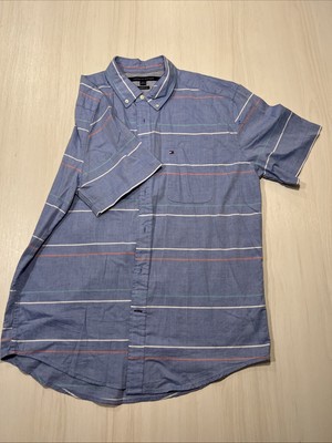 Men s Blue Short Sleeve Collared Striped Shirt By Tommy Hilfiger, 2XL, Preowned