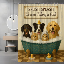 Cute Animal Shower Curtain with Dogs and Cats Taking a Bath