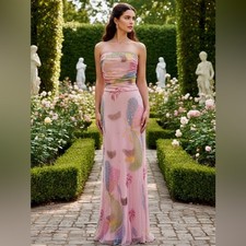 Elegant Strapless Pink hand beaded Gown with Multicolor Accents