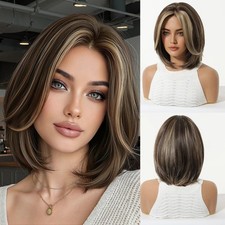 EASIHAIR Short Straight Bob Synthetic Wigs Daily Brown Blonde Highlights Hair fo
